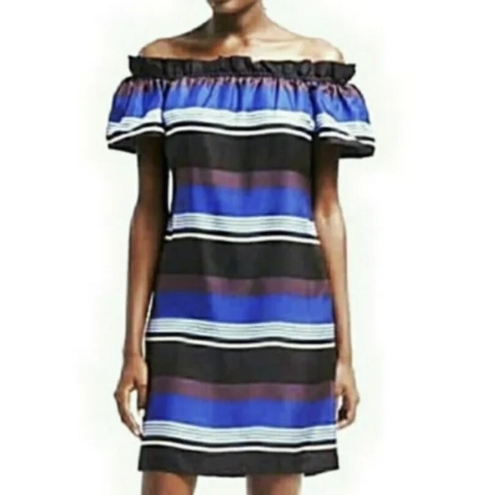 Banana Republic Womens Blue Striped 100% Silk Off the Shoulder Mini Dress Large